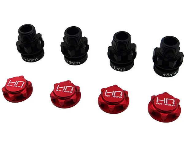 

Hot Racing 17mm hex wheel adapter set with +5mm hub extensions and serrated captured wheel nuts for 1/8 Arrma Nero
