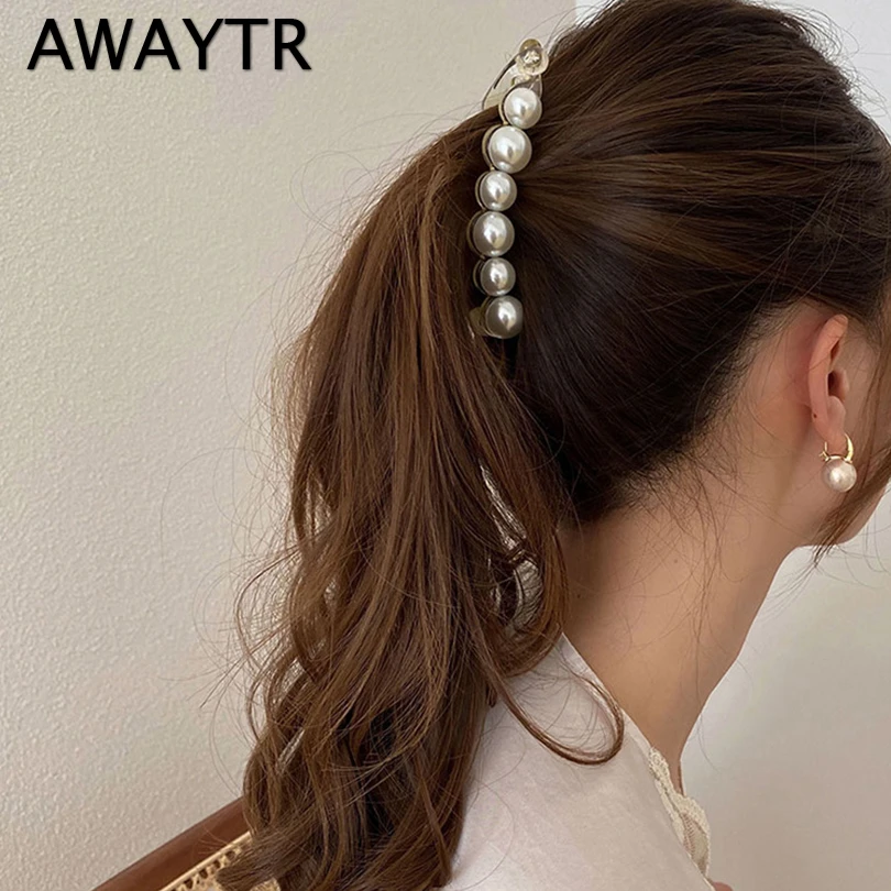 wide headbands for short hair AWAYTR 1Pc Pearls Hairpins Hair Clips Jewelry Banana Clips Headwear Women Hairgrips Girl Ponytail Barrettes Hair Pins Accessorie big hair clips