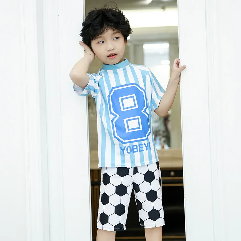 

2019 New Style Hot Sales CHILDREN'S Swimwear Split Short Sleeve Shorts Stripes Football Pattern Handsome Hot Springs BOY'S Swims