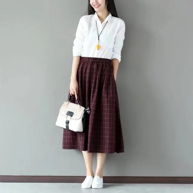 

S9790 2017 New Style Spring Retro Mid-length Washing mian ma da Plaid Skirt Loose And Plus-sized Skirt