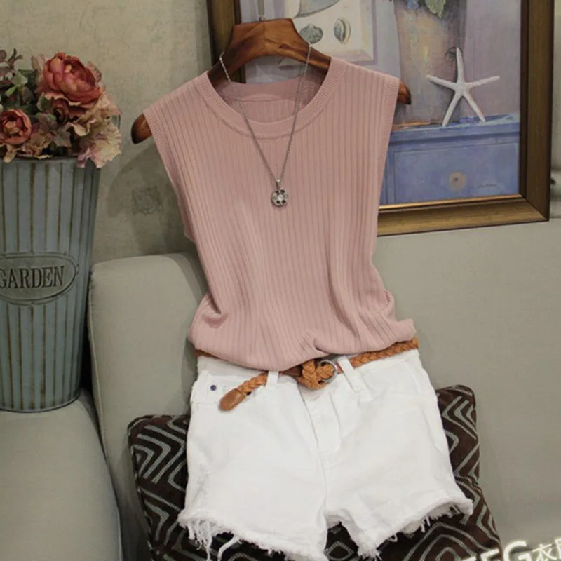 Трикотажные жилеты, женская одежда, топ с круглым вырезом, одноцветная майка, модные женские повседневные тонкие топы без рукавов, летние вязаные женские жилеты
