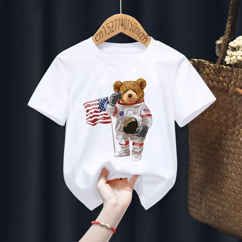 Funny Bear Riding Motorcycle Print Boy Girl White T-shirt Kid Summer Harajuku Kawaii Funny Little Baby Y2K Clothes,Drop Ship