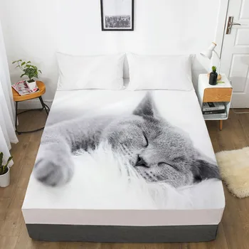 

3D Fitted Sheet Bed Mattress Fitted Cover Custom Design Bed Linens Sheets Bedsheet White 135x200 Animal Cat Dog Pet Bedding