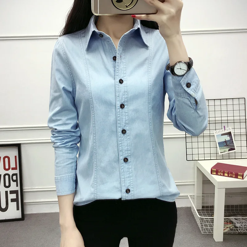 

2021 Casual Long Sleeve Jean Women Tops Spring Autumn Cotton Denim Shirts Sky Dark Blue Chemise Jeans Femme Plus Size Blouses