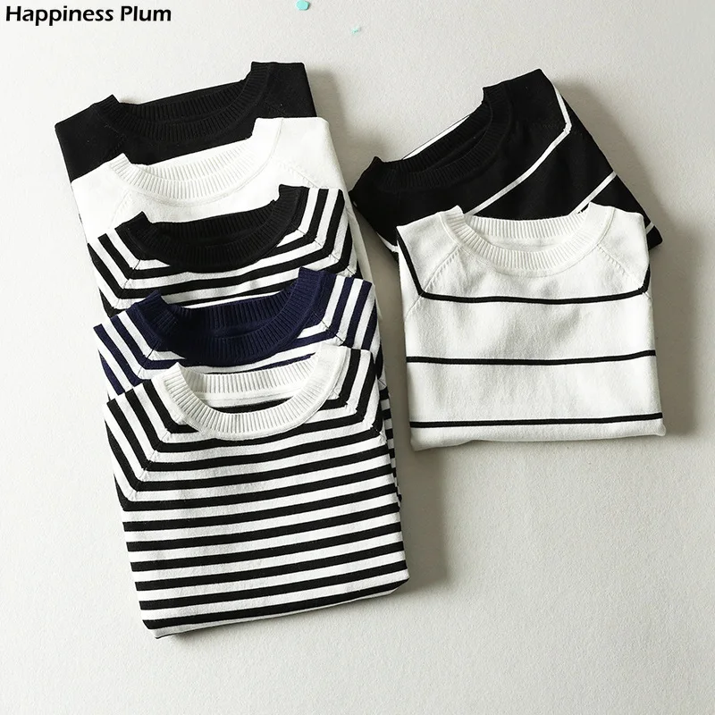 

Summer Short Sleeve Striped Pullover Women Sweater Knitted 2021 Sweaters O-Neck Tops Korean Pull Femme Jumper Female White Black