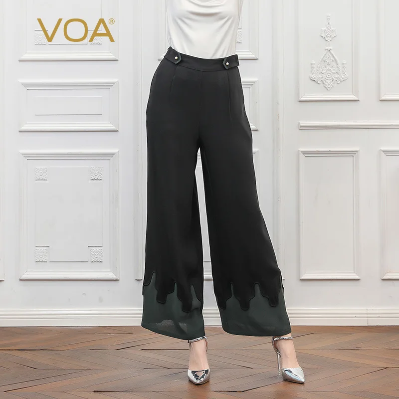 

VOA30 30mm Heavy Silk Creative Splicing Mid-waist Fashion Air Leisure Silk Wide Leg Pants K597