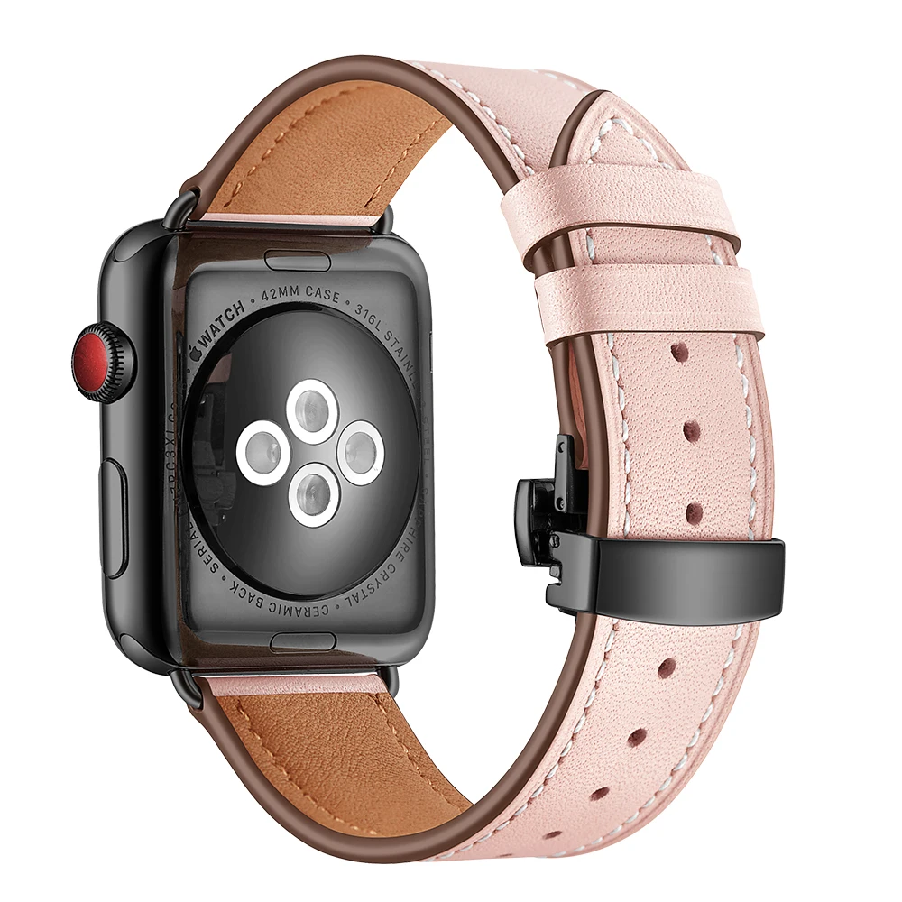 Кожаный ремешок для Apple Watch Series 5, 4, 3, 44 мм, 40 мм, черная застежка-бабочка, браслет на запястье, ремешок для iWatch 5, ремешок для часов 42 мм, 38 мм