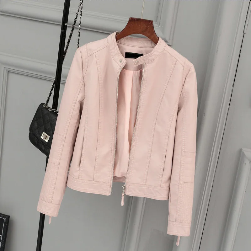 

New Women Faux Leather Jacket Biker Coat Spring Autumn Black Zippers Outwear O Neck Slim Motorcycle Pu Leather Jackets