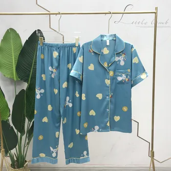 

2020 New Arrival None Print Short Turn-down Collar Summer Full Length Pajama Sets Sleepwear Combinaison Pyjama Femme Homewear