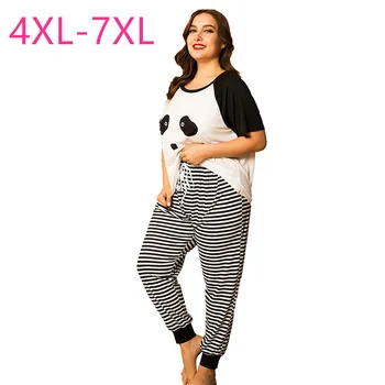 

New summer plus size pajamas for women loose stripe panda print T-shirt and long pants home wear two piece suits 4XL 5XL 6XL 7XL