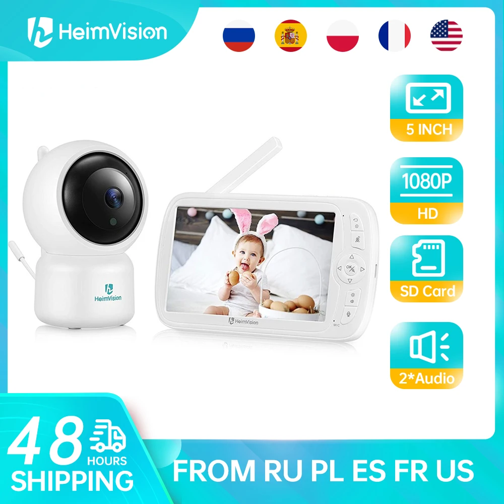 HeimVision-Monitor de bebé HMB33MQ, pantalla LCD de 5 pulgadas, 1080P, visión nocturna, 360 °, PTZ, mando a distancia, Audio de 2 vías, VOX, grabación de cuna, soporte para tarjeta SD