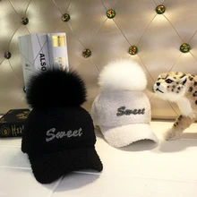 Новая осенняя и зимняя овечья шерсть теплая шапка женская повседневная блестящая буква натуральный шарик из меха лисы шапка Студенческая модная бейсбольная кепка со стразами