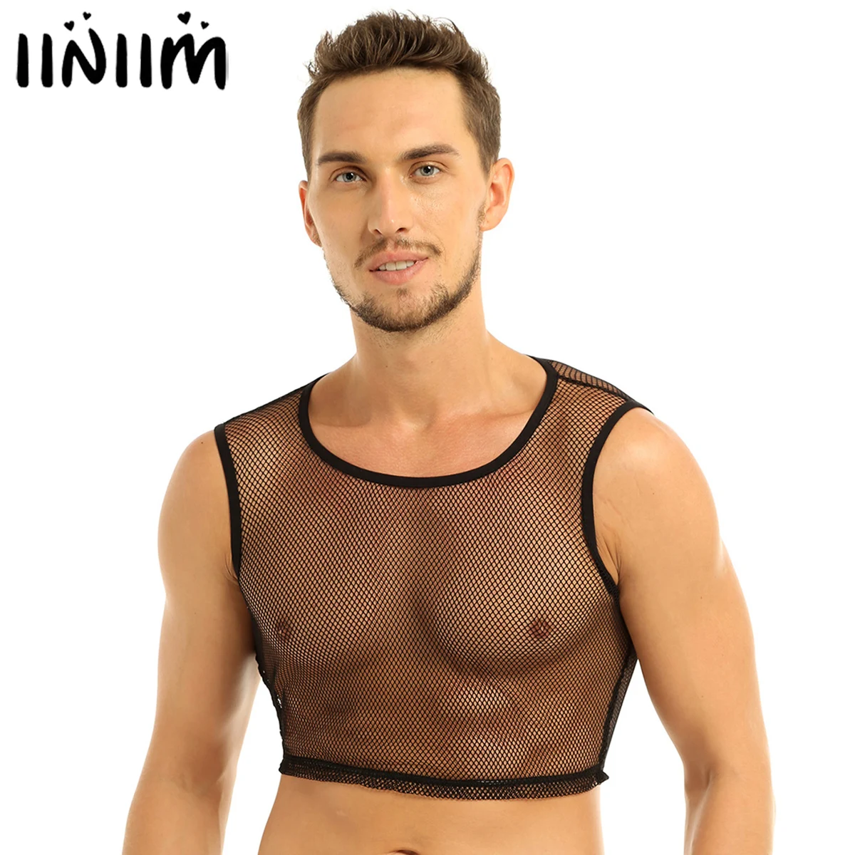 iiniim Men's Mesh Fishnet Fitted Sleeveless Muscle Top See-Through Zipper Front Vest Jacket 