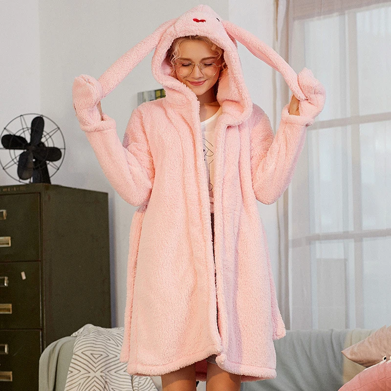 

Women Night Robes Winter Warm Coral Fleece Female Cartoon Long Ears Rabbit Pink Gray Long Sleeve homewear Nightgown Bathrobe