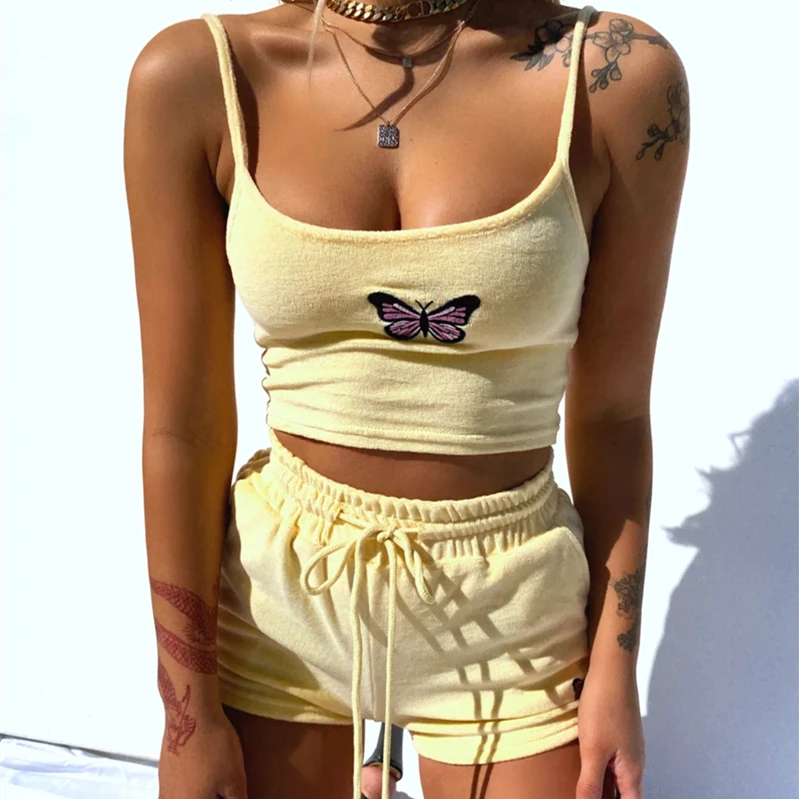 Conjunto de ropa de mariposa para mujer, ropa deportiva de calle, camiseta recortada sin mangas, pantalones cortos elásticos de cintura alta para correr