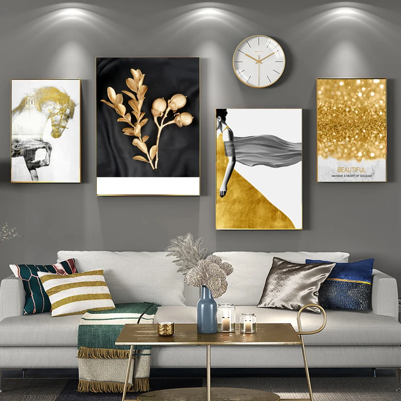 

Golden Leaf Horse Wall Art Home Decor Picture Abstract Canvas Painting Nordic Modern Poster and Prints Cuadros For Living Room