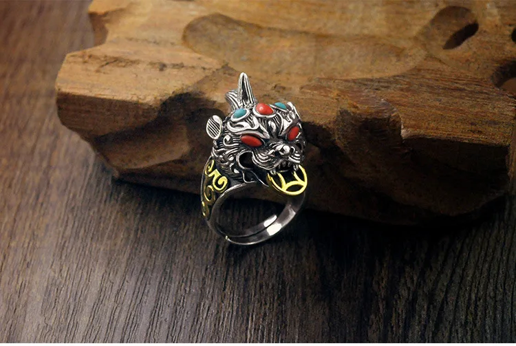 FNJ Good Luck кольцо Pixiu 925 серебро S925 стерлингового серебра кольца для женщин мужчин украшения американский размер 8-11,5 красный, зеленый камень