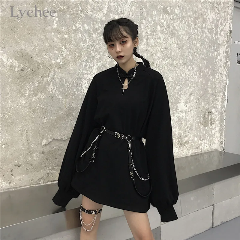 Lychee спортивный свитер Harajuku Одноцветный пряжки для девочек Толстовка цепь из