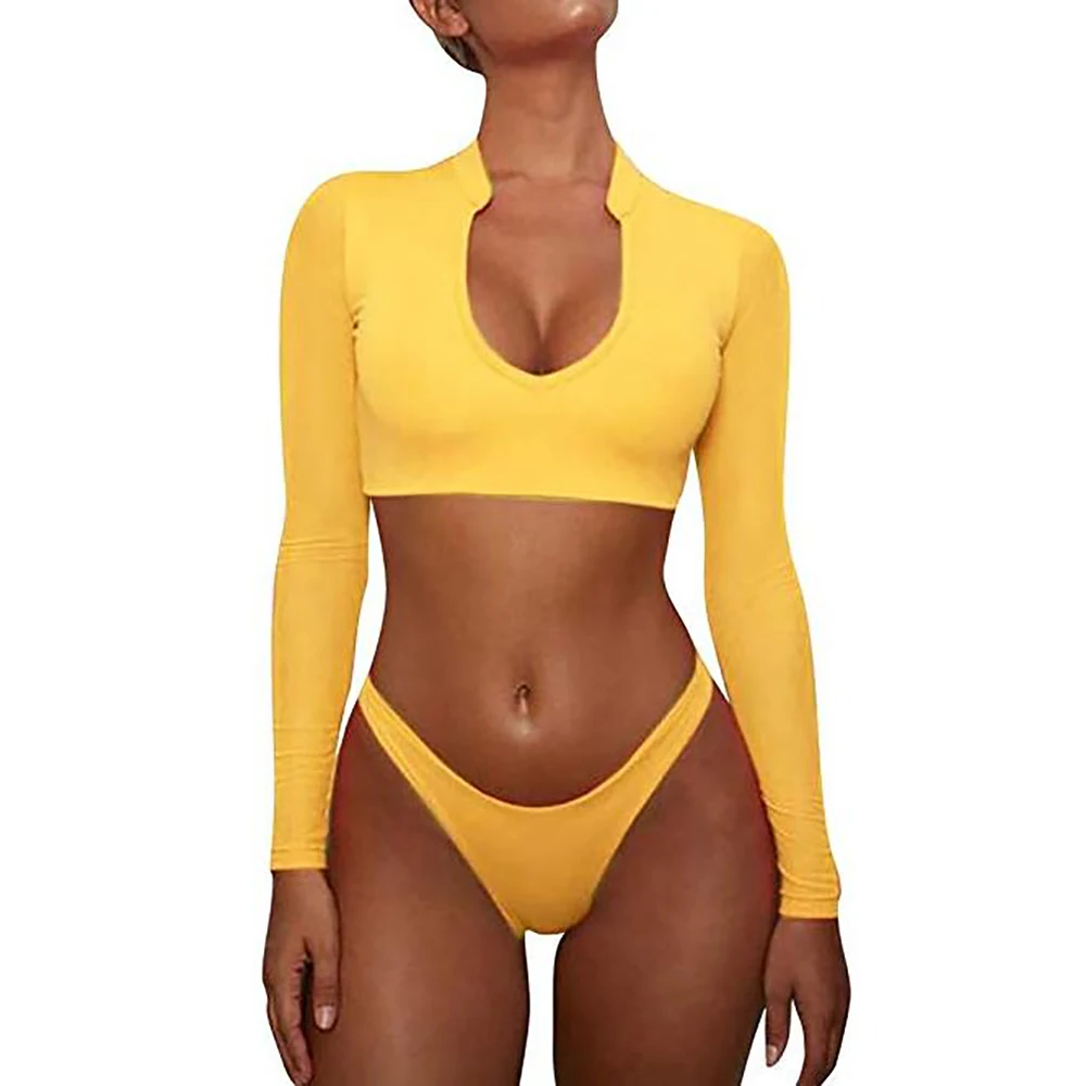 2020 New Women Brazilian Bikini Set Long Sleeve Crop Top Thong Swimsuit Push Up Paddes Swimwear Ladies Sexy Solid Bathing Suit |