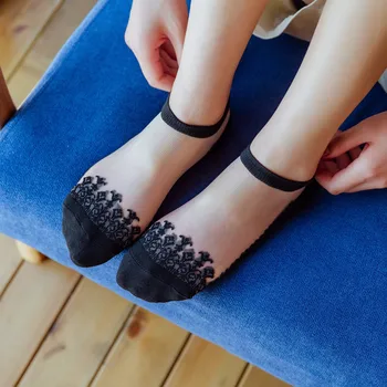 여성용 꽃 레이스 캐주얼 발목 양말, 부드러운 실크, 얇은 투명 양말, 단색 크리스탈 귀여운 양말, 6 쌍, 여름 신상