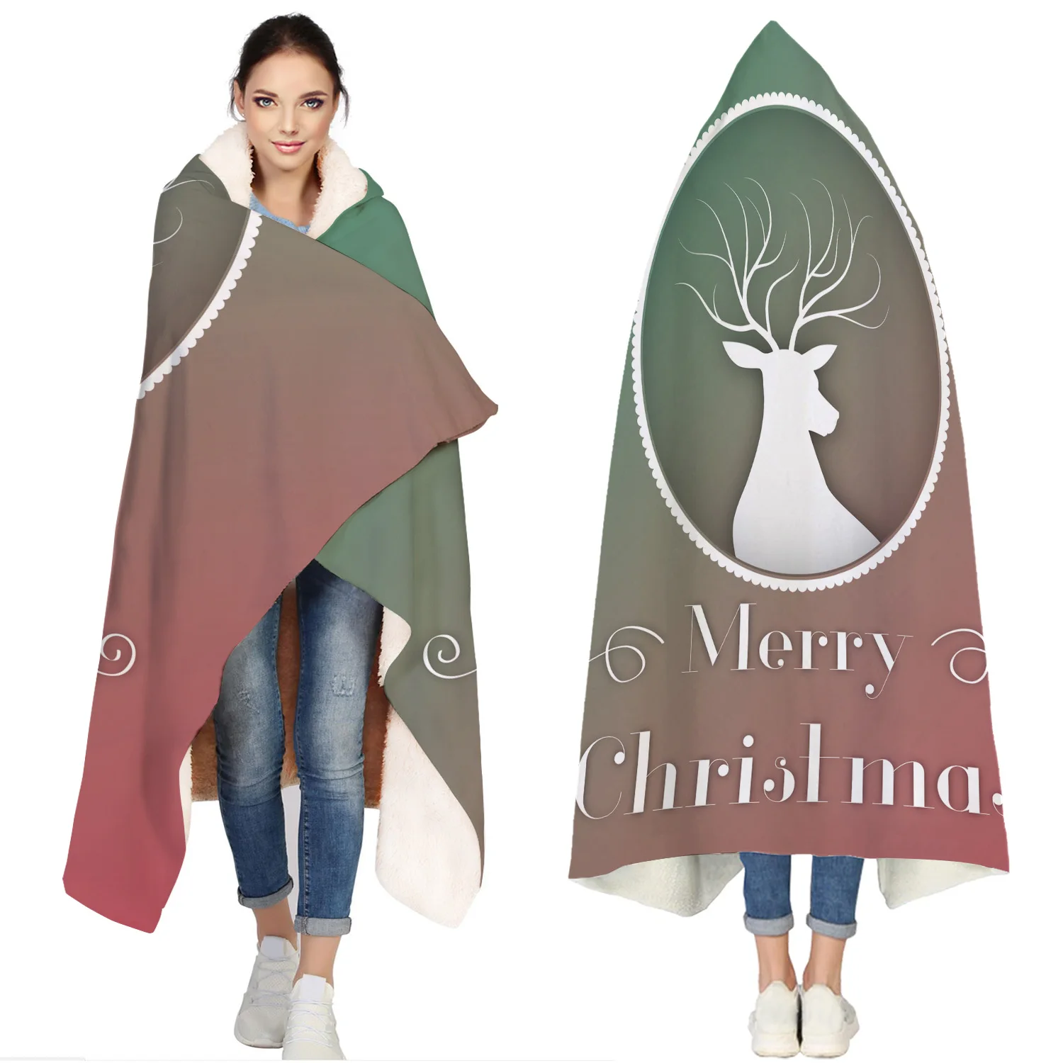 

Santa Elk Portable Wearable Fluffy Custom Hooded Blanket Fleece Hooded Throw WrapBed Blanket