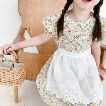 

Fashion New Girl Baby Summer Flower Dress With White Lace Apron Toddler Kids Princess Birthday Dresses Suits Children Clothes