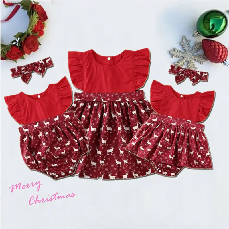 Christmas Sister Matching Clothes Toddler Kid Baby Girl Reindeer Romper Dress | Мать и ребенок