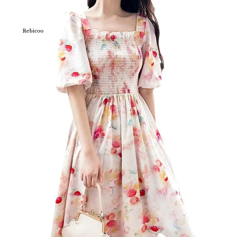 

Women Summer Dresses Vintage Elegant Pastoral Style Floral Midi Dress Lolita Sweet High Waist Silk Hemp Dress Pink Long Dress