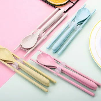 

Portable 3Pcs Wheat Straw Tableware Travel Camping Cutlery Fork+Spoon+Chopsticks Set