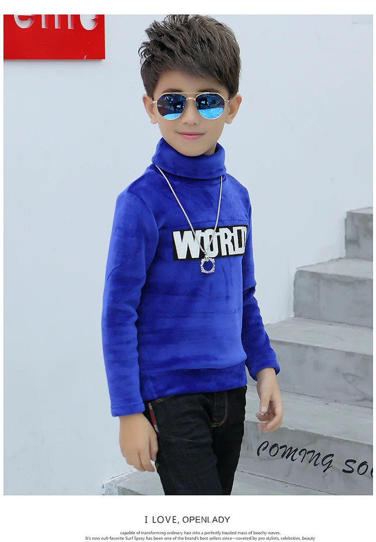 Футболка с высоким воротником для мальчиков, новая стильная детская плотная универсальная рубашка с начесом, осенне-зимние топы в Корейском стиле для больших мальчиков 9