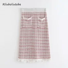 Элегантная клетчатая вязаная юбка с бахромой Женская осенне-зимняя офисная Дамская трикотажная юбка с кисточками Дамская с карманами