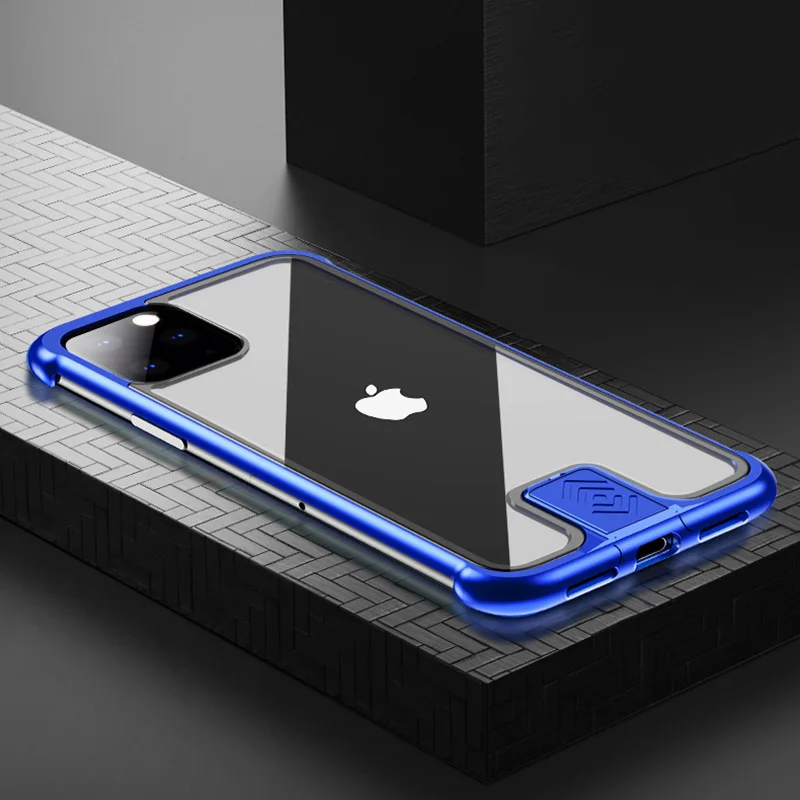 Новое поступление чехол для Coque iPhone 11 Pro Max Funda роскошный алюминиевый бампер из закаленного стекла полное покрытие Push Pull Hot - Цвет: iPhone 11 Pro blue