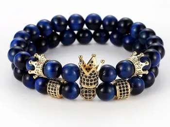 

8mm 2PCS/Set 7ouk5 elastic adjusted nature blue Tigereye bead micro pave cz zircon cubic zirconia Crown Bracelet