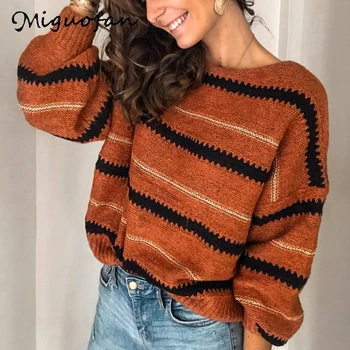 

Miguofan women sweaters striped jumpers pullovers autumn winter long sleeve knitted sweaters pull up femme tops casual sweater