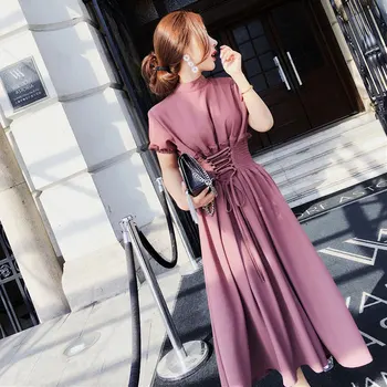 

New summer elegant ladies long dress Korean fashion slim waist short-sleeved chiffon dress female spring