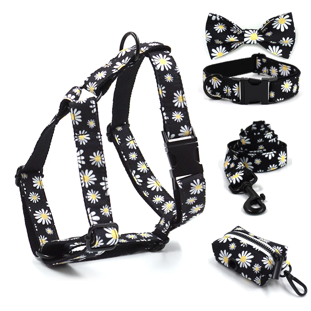 Personalized Harness for Dogs Little Daisy Pattern Dog Collar dog collar pet harness leash set pet harness set With Name Engraved Black Metal Buckle Dog Harness Collar Leash Set