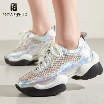

Prova Perfetto platform sneakers 2020 fashion ladies chunky heels white sneakers lace up mesh shoes summer women falt shoes new