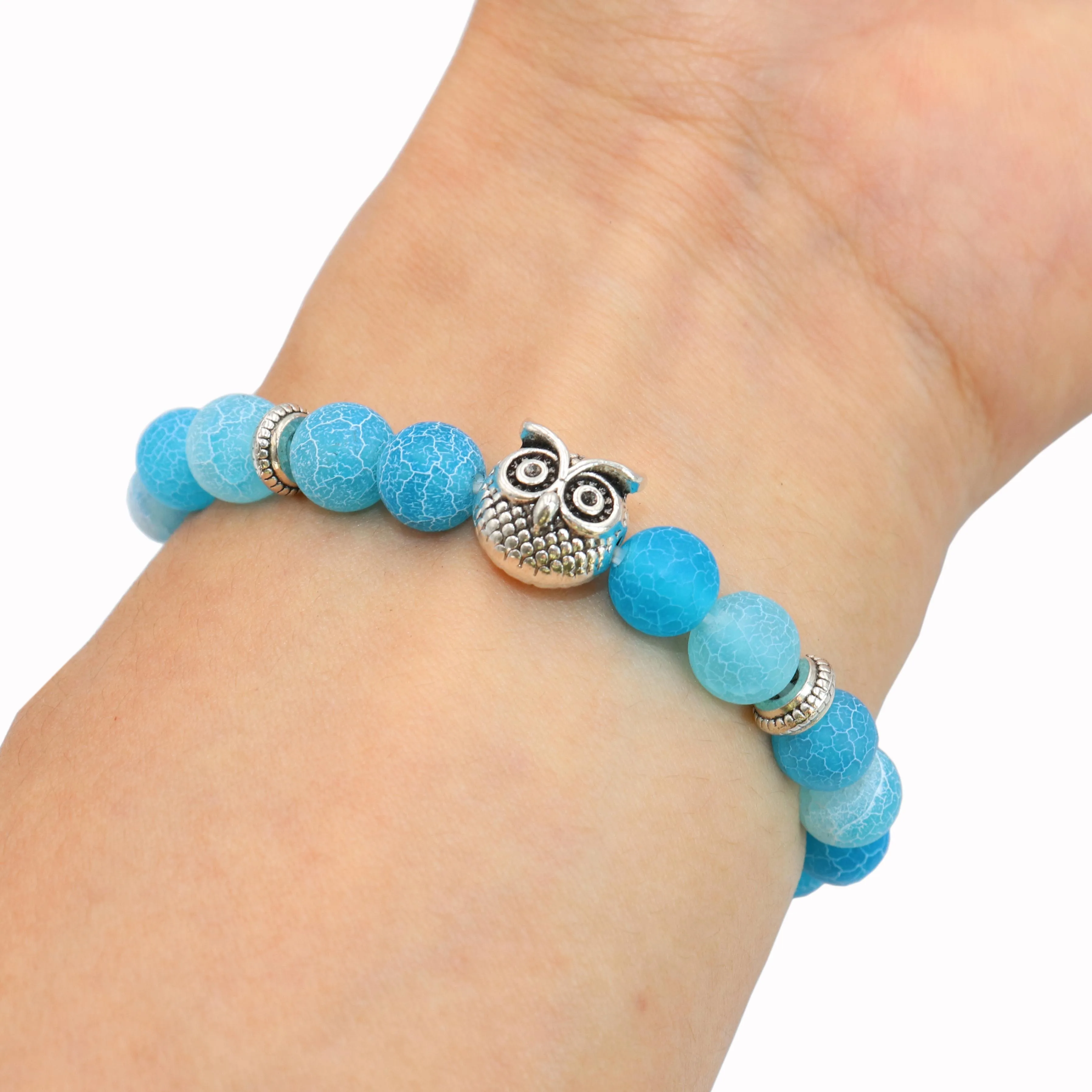 Природный камень 8 мм Серебряный браслет Сова Агаты тигровый глаз и лавовый камень Бусины Йога чакра браслет ювелирные изделия для мужчин женщин друг подарок - Окраска металла: Blue agate
