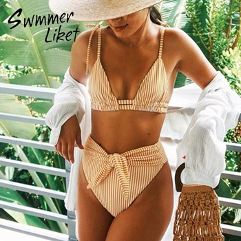 

Vintage strip bikini set 2020 String bandage swimwear women Knot bathing suit High waist swimsuit female Summer bathers biquini