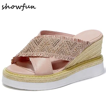 

Women's genuine leather wedge platform sandals cross strap open toe summer high heel mules casual dress pumps crystal shoes sale