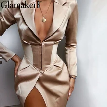 Glamaker, v-образный вырез, хаки, сексуальный Блейзер, платье для женщин, Осень-зима, облегающее, элегантное, тонкое пальто, верхняя одежда, женские, вечерние, Клубные, ночные, блейзер
