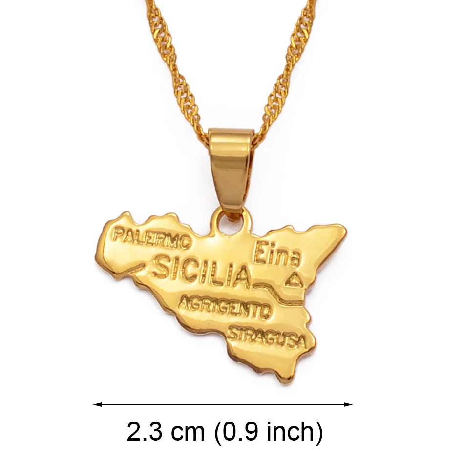 Sicilia Map Pendant Necklace - Gold Color Sicilian Map Charm, Brass With 24K Gold Plating, Gift For Travel Lovers