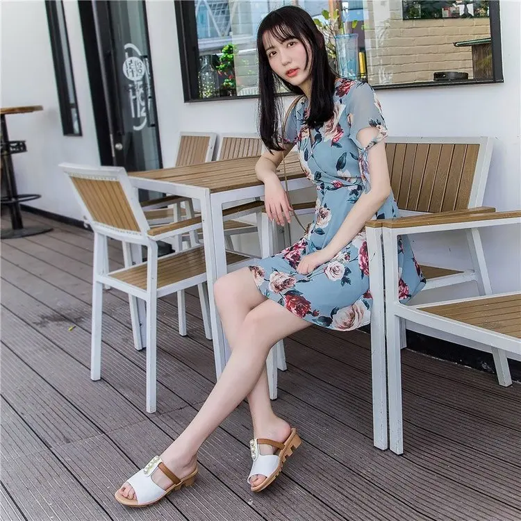 

2019 New Style Versatile Fish Mouth han pai A- line Thick Bottomed Drag Platform Heel Pearl Sandals