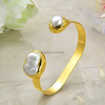 

GG Jewelry 15x21MM White Keshi Pearl Golden Plated Bangle Bracelet