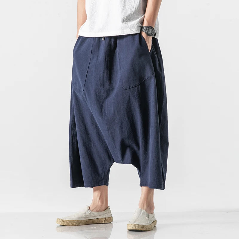Cotton Linen Men Wide Leg Pants Summer Men Casual Calf-Length Pants Male Track Solid Big Pocket Baggy Trousers Wide Leg Pants