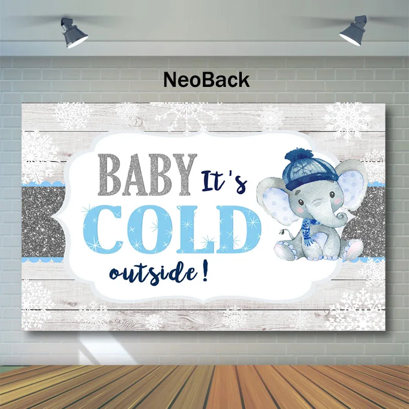 

NeoBack White Wooden Wall Baby Shower Backdrop Cute Blue Elephant Photography Backdrops Baby It's Cool Outside Photo Background