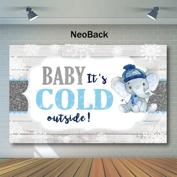 

NeoBack White Wooden Wall Baby Shower Backdrop Cute Blue Elephant Photography Backdrops Baby It's Cool Outside Photo Background