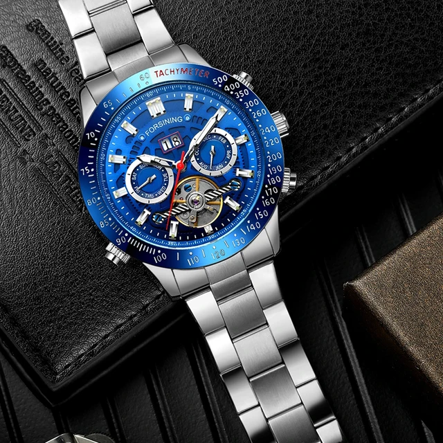 Forsining-reloj mecánico de acero inoxidable para hombre, cronógrafo automático con 2 esferas, Tourbillon, fecha semanal, informal - Imagen 3