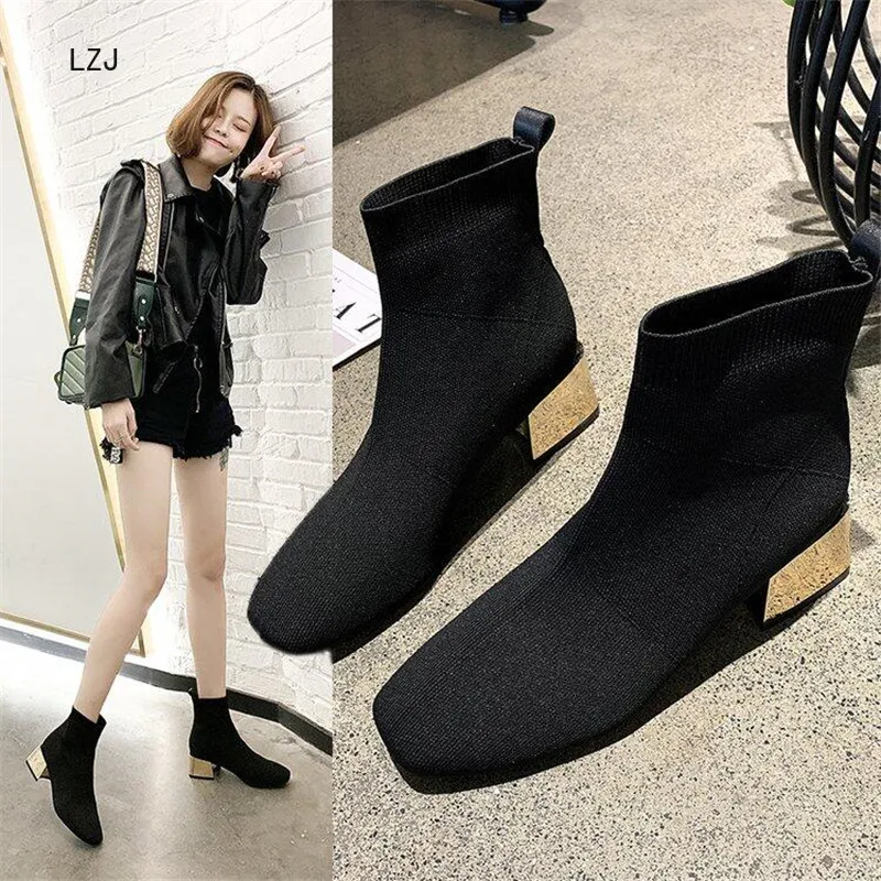 

LZJ 2019 Fashion Ankle Elastic Sock Boots Chunky High Heels Stretch Women Autumn Sexy Booties Square Head Women Size L749
