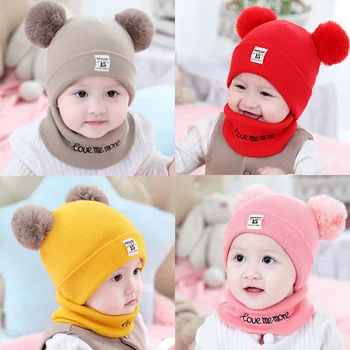 

2 Pieces Baby Beanies Cap Set Baby Kid Solid Color Plush Ball Baby Girls Hat And Scarf Set Winter Warm Caps For Boys Newborn Hat